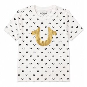True Religion Womens White Gold Foil Horseshoe All Over Logo Tee Junior Size Lg